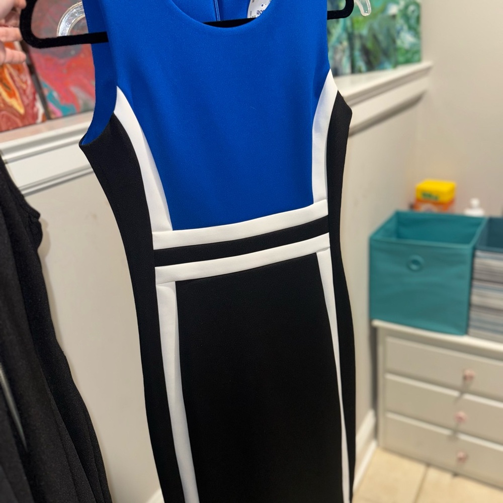 Calvin Klein Blue and Black Colorblock Midi Dress